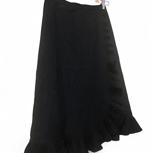 Vintage Black Midi Skirt W/ Asymmetric Wrap Ruffle Detail & Button. - Picture 8 of 12